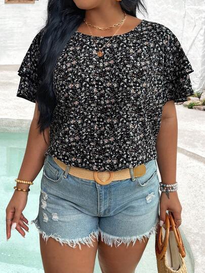 Elenzga Blusa de verano con cuello redondo, doble capa y mangas con volantes con estampado floral para mujer de talla grande