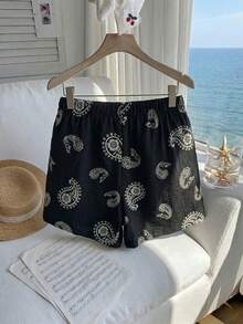 Comfortcana 大码休闲度假风腰果花印花短裤 松紧腰短裤 休闲短裤 抽绳短裤 黑白短裤 佩斯利印花短裤 韩版女式半身裙 派对装扮半身裙 休闲女式半身裙 中国风半身裙 佩斯利半身裙 女式短裤 黑色短裤 佩斯利短裤 - 黑色 - 查看 4