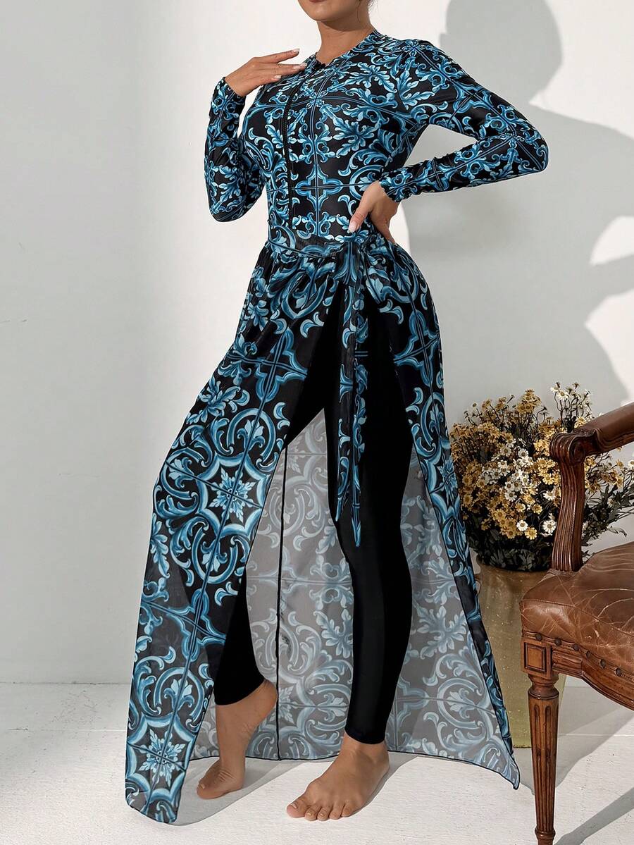 Swim Mulvari 女士两件套优雅长袖开衫泳衣 - 彩色 - 查看 1