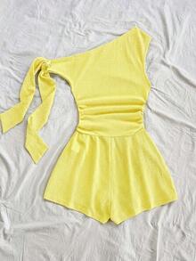 Soleia Sexy Asymmetric-Shoulder Tie Strap Flowy Jumpsuit In Light Yellow, Suitable For Party, Vacation, Music Festival, Boho, Holiday, Afternoon Tea Date - Pale Yellow - View 2