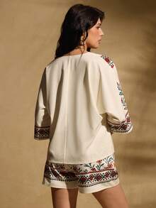 Breezaya 印花短袖上衣和短裤套装，优雅休闲，适合夏季海滩、度假、日常穿着、通勤、办公室、商务、派对、约会等场合。女士两件套，夏季女士度假套装，波西米亚风套装，女士夏季套装，女士度假套装，沙滩装。 - 彩色 - 查看 2