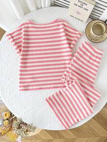 SHEIN Tween Girls' Casual Crew Neck Short Sleeve Top And Tank Set - Pink - View 2
