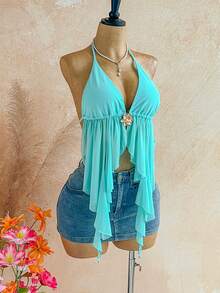 Soleia Women's Vacation Asymmetric Hem Halter Neck Camisole In Light Blue - Baby Blue - View 6