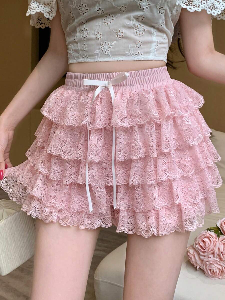 Joudiya Women's Lace Ruffle Tie Waist Skorts - Pink - View 1