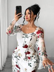 SHEIN Elenzya Plus Size Women's Square Neck Transparent Floral Embroidery Random Lace Elegant Dress, Suitable For Parties, Formal Occasions, Spring/Summer Vacation, Graduation Season, Wedding Season - Multicolor - View 7