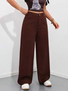 SHEIN ICON 女士宽松口袋喇叭裤休闲牛仔裤 - 棕色 - 查看 4