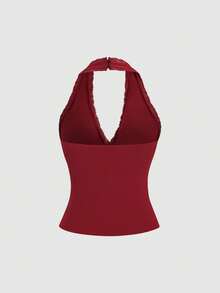 Sweetra Atasan Wanita Kasual Serbaguna untuk Pemakaian Sehari-hari dengan Hiasan Pita dan Renda - Burgundy - View 2