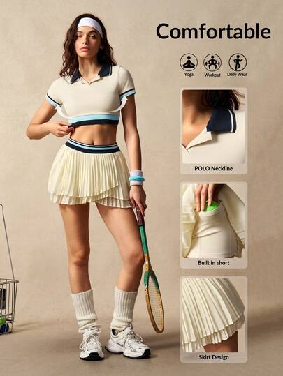 VARSIVA Conjunto deportivo casual de mujer con top de manga corta de bloques de color y falda pantalón plisada