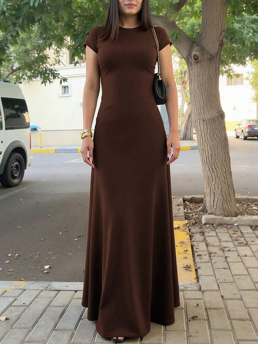 INAWLY Solva Women's Solid Color Round Neck Elegant Waist Cinched Long Party Dress - Coffee Brown - View 1