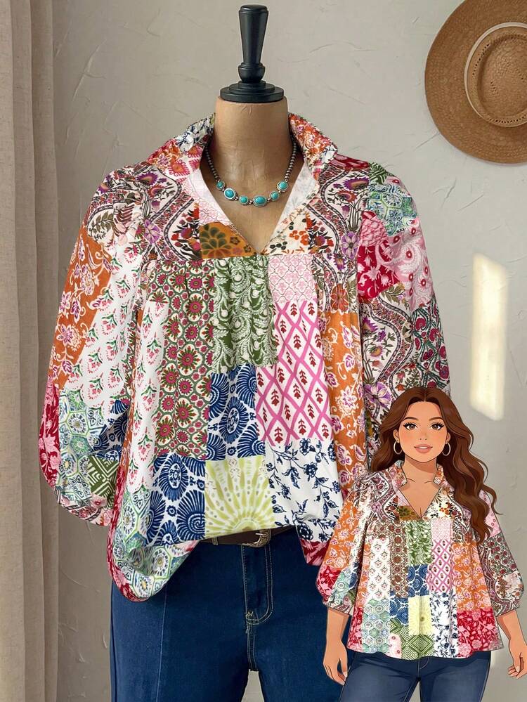 Plus Size Women Allover Print Casual Versatile Daily Wear Shirt