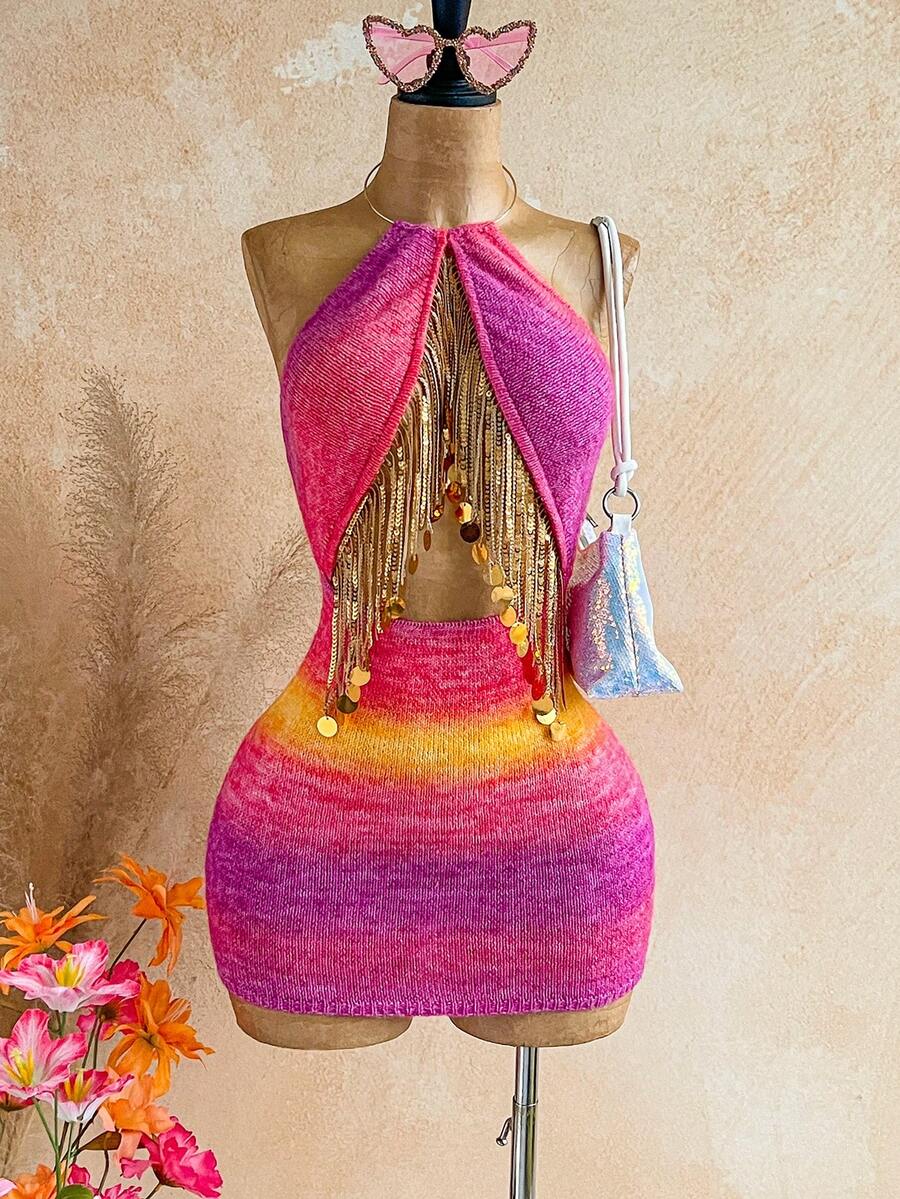 SHEIN WYWH 女士夏季沙滩度假渐变亮片流苏露背修身针织连衣裙 - 彩色 - 查看 1