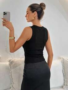 Lavishia 女士优雅撞色蕾丝修身吊带背心，夏季必备 - 黑色 - 查看 2