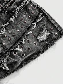 ROMWE J-Fashion Women's Y2K Retro Subculture Distressed Beaded Decor Ripped Tight Fitted Denim Mini Skirt - Grey - View 4