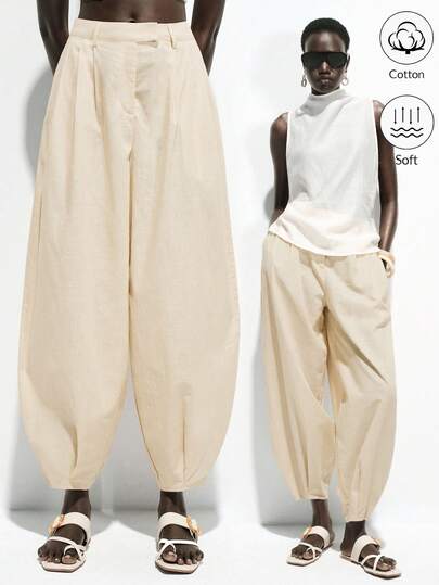 Lumivelle Pantalones plisados de linterna de algodón puro caqui para mujer, estilo retro de resort elegante de pantalones largos