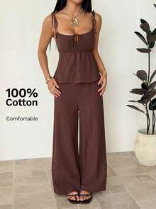 SHEIN PETITE Women's Summer Casual Boho Vacation Style Solid Color Knotted Shoulder Babydoll Top And Wide Leg Pants Set,Petite Women Brunch Vacation Dark Brown - Brown - View 2