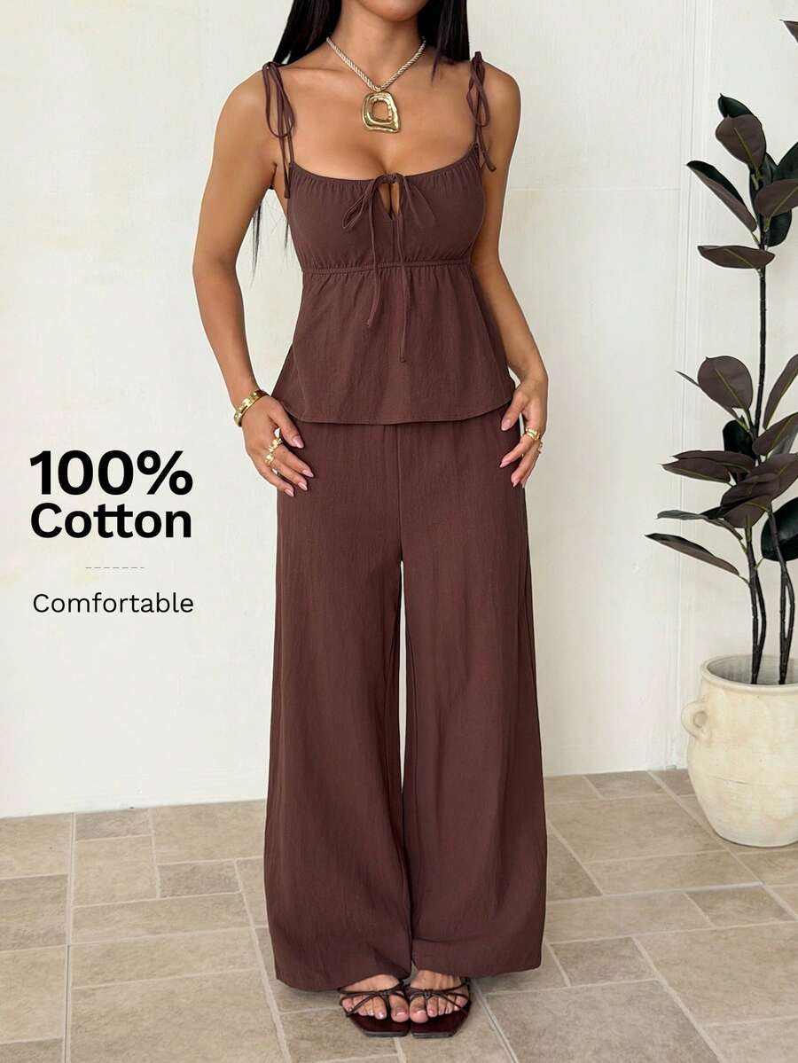 SHEIN PETITE Women's Summer Casual Boho Vacation Style Solid Color Knotted Shoulder Babydoll Top And Wide Leg Pants Set,Petite Women Brunch Vacation Dark Brown