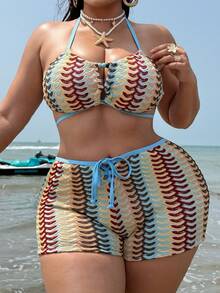 Swim SXY Plus Size Contrast Color Halter Twist Back Split Bikini Set - Black - View 5