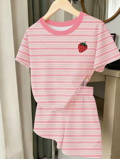 2pcs/Set Girls Casual Striped Short Sleeve T-Shirt And Shorts Set, Striped Print Round Neck T-Shirt And Shorts Combo, Comfortable Summer/Autumn Style, Suitable For Girls Daily Wear, Pink Striped 2-Piece Set, Suitable For Young GirlAnd Preschoolers Strawberry Fruit Cute