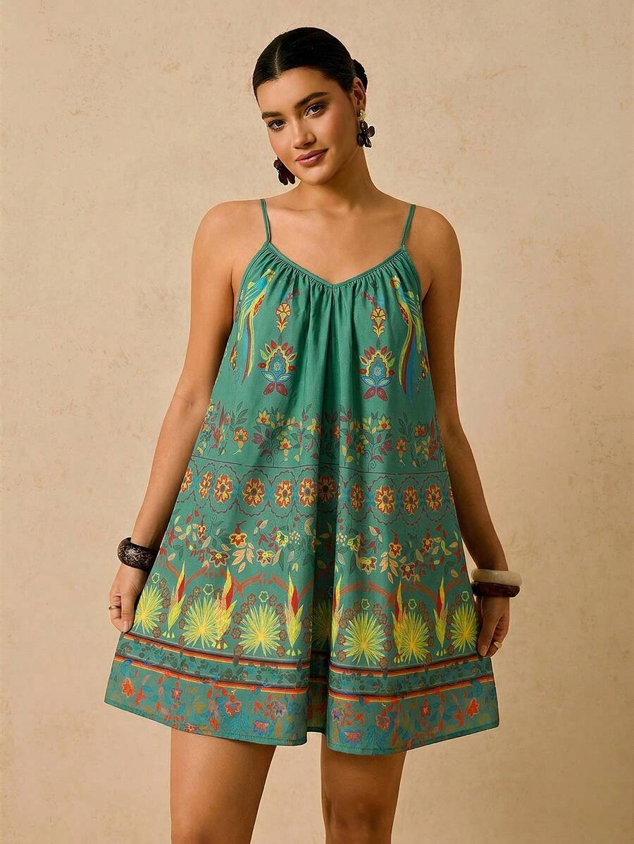 Travachic 大码印花无袖连体裤，深V领露背系带腰身彩色复古图案度假短裤，女士新款 - 綠色 - 查看 1