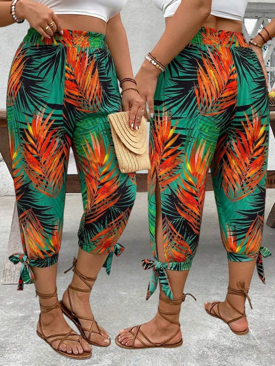 EMERY ROSE Plus Size High Waist Drawstring 7/8 Pants, Spring/Summer - Multicolor - View 1