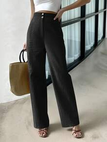 Lavishia 女士百搭纽扣休闲裤，适合日常通勤 - 黑色 - 查看 5