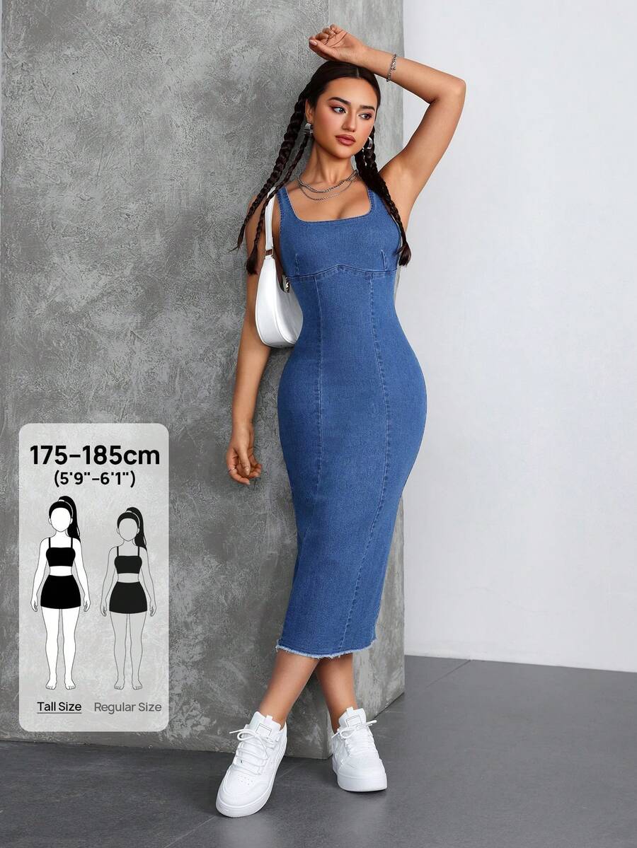 SHEIN Tall Square Neck Open Shoulder Fitted Elastic Party & Holiday Mid-Length Denim Dress For Women - Blue - View 1