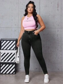 SHEIN EZwear Damen Jeans in Große Größen, Lässig Daily Commute Mode, Street Chic Minimalismus, Hoher Bund, Skinny Fit - Schwarz - Übersicht 4
