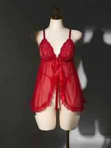 SHEIN 2pcs Plus Size Sexy Lace & Mesh Lingerie Set, Wireless Bra - Red - View 4