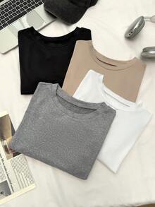 Comfortcana Plus Size Minimalist Fitted T-Shirt, Multicolored Set, Basic Short Sleeve Top Cropped T Shirts,Business Casual Woman - Multicolor - View 5