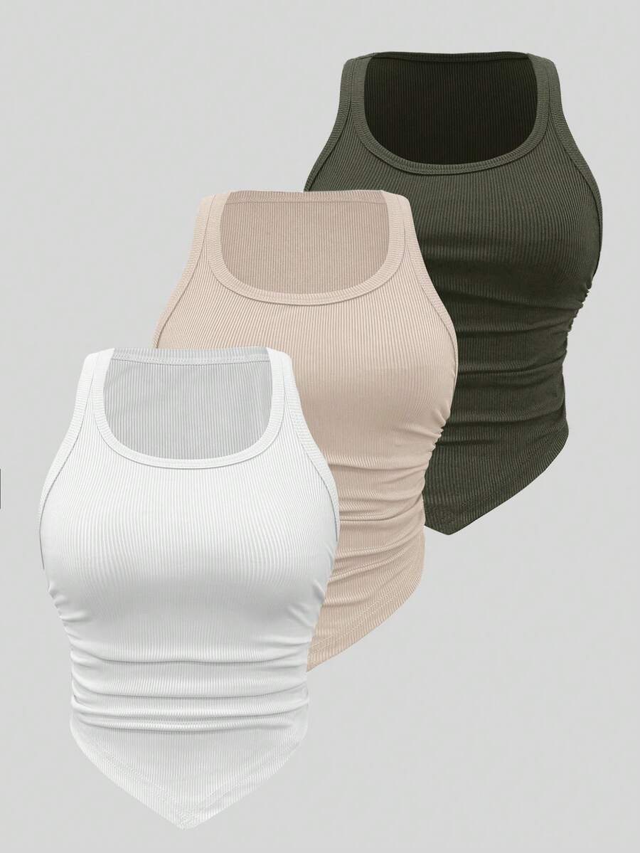 SHEIN ChicEase 女士纯色褶皱休闲百搭日常上衣 - 彩色 - 查看 1