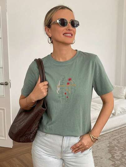 Vivie Lora 中老年女性字母刺绣圆领短袖休闲T恤