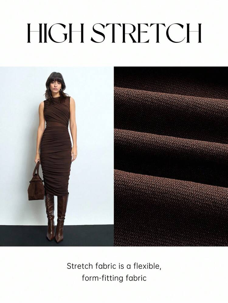 SHEIN Maija Women's Elegant Solid Color Pleated Waist Semi-Sheer Round Neck Sleeveless Fitted Mid-Length Dress, Suitable For Party, Early Spring Festival, Elegant, Ladies Apparel, Brown Dress Women Easter Summer Outfits Easter Dress Women Party Top Beach Dress Summer Holiday Outfits Each Vacation Outfits For Women  Summer Outfit For Women Going Out Outfits Graduation Graduation Outfit  Casual Dresses  Casual Blouses For Women Elegant Women's Blouses Casual Blouse For Women Formal Attire For Women Office Wear Women Business