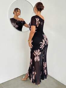 Firerie Đầm cỡ lớn thanh lịch in hoa, phối lưới, vai bất đối xứng, thích hợp cho mùa hè. - Nhiều màu - Xem 2