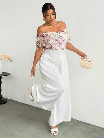 Firerie Plus Size Women's Elegant Romantic Sophisticated Fashion New Vacation/Date/Everyday Off-Shoulder Mesh High Waist Wide Leg Jumpsuit, Summer Ladies Outfit Floral Off Shoulder Top White Wide Leg Pants Women's Suit Floral Jumpsuit