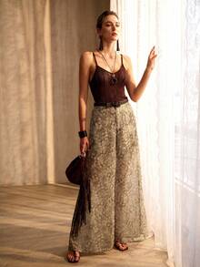 MOTF PREMIUM Quần ống rộng nữ thanh lịch, thoải mái, hơi xuyên thấu, kiểu dáng nghỉ dưỡng. - màu xanh lá - Xem 5