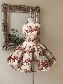 Sweetra Plus Size Elegant Vintage A-Line Jacquard Puff Dress, Spring/Summer - Red - View 1