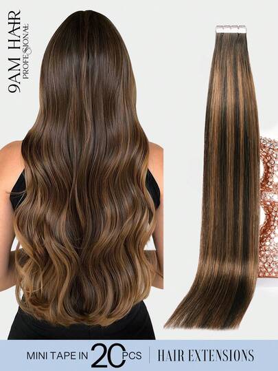 迷你胶带式接发，100%真人发，T2-P2/6#，深棕色与栗棕色渐变，直发造型，长度14-22英寸，隐形无缝，顶级品质，发尾浓密，健康真人发，适合细软发质，沙龙级专业使用，也适合所有女性/女孩日常佩戴。