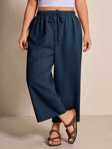 Elaquor Plus Size Casual Loose Solid Color Pants - Navy Blue - View 1