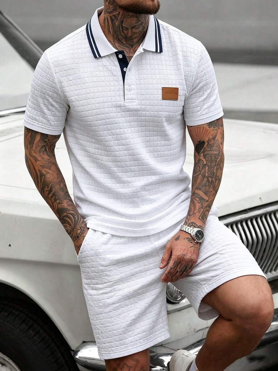 Manfinity CasualCool Men's Casual Short Sleeve Polo Shirt And Drawstring Waist Shorts Set, Daily Wear - White - View 1
