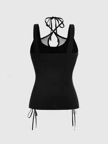 ROMWE Spring And Summer Plus Size Gothic Sexy Criss-Cross Mesh Pierced Lace-Up Halter Top, Plus Size Gothic Street Style - Black - View 4