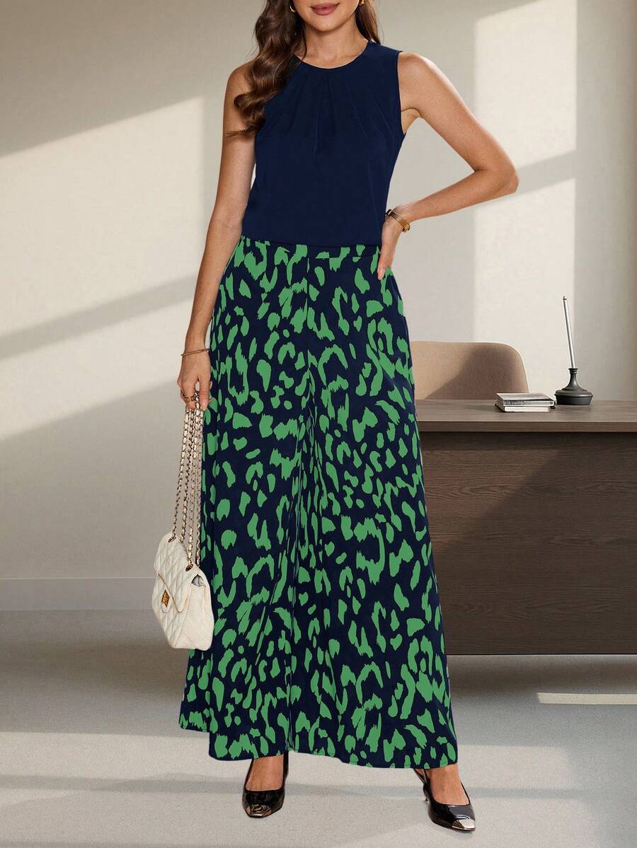 SHEIN Clasi 女士纯色简约圆领背心和宽松豹纹阔腿裤两件套 - 藍色 - 查看 1