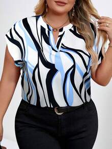 Chikora Plus Size Women Geometric Print Short Sleeve Shirt - Baby Blue - View 1