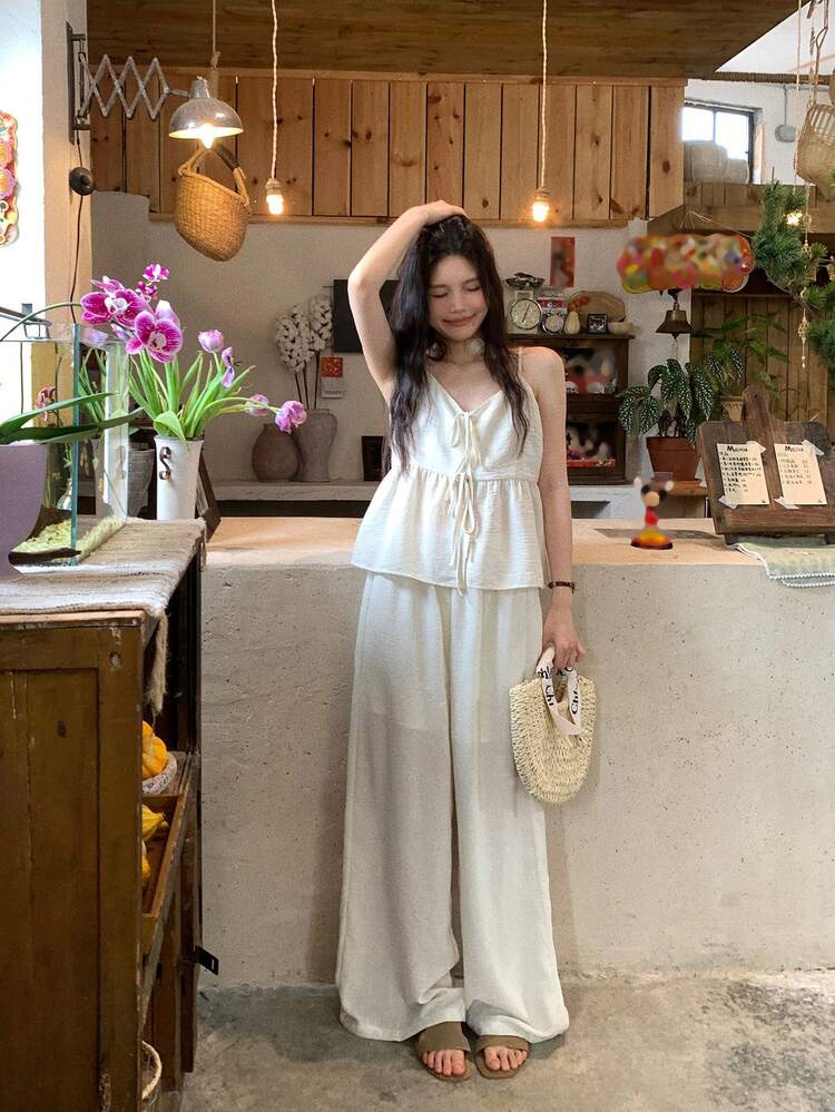 Women's Casual Korean Style Camisole Shirt And Long Pants 2 Pieces Set