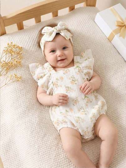 Mono sin mangas de verano para recién nacidos, con estampado de flores, de estilo casual y sencillo, adecuado para uso en casa, tiempo de ocio u uso al aire libre