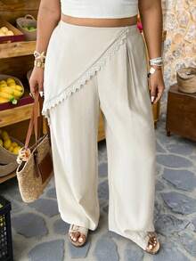 Vionelle Plus Size Women's Asymmetric French Lace Trim Spring/Summer Pants Women Vacation Outfit Sets Women 2 Piece Outfit Pants 2 Piece Set Women Summer Outfits 2 Piece Women 2 Piece Outfit Casual Beach Outfits For Woman 2 Piece - Khaki - View 3