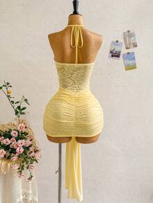 Soleia Women's Vacation Beach Solid Color Lace Patchwork Backless Halter Mini Dress,Summer Dresses For Women - Yellow - View 2
