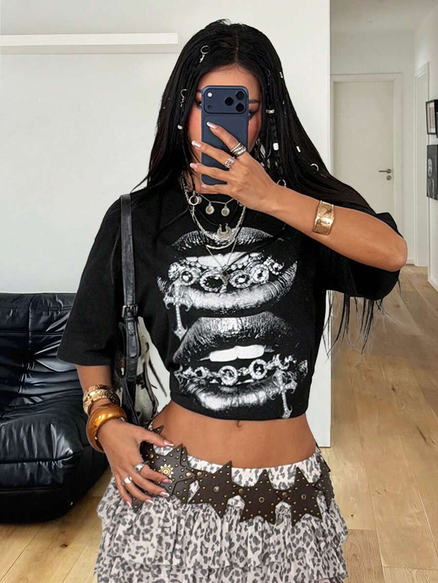 Coolane Áo thun nữ mùa hè phong cách đường phố cổ điển Y2K, hippie, tiền bạc già, dáng rộng. - màu đen - Xem 1