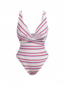 SHEIN Damen eleganter Urlaubs-Badeanzug mit bunten Streifen und Kreuzgurt-Vorderseite, Sommer Strand Urlaubs Familien-Matching Bademode - Verschiedenfarbig - Übersicht 8