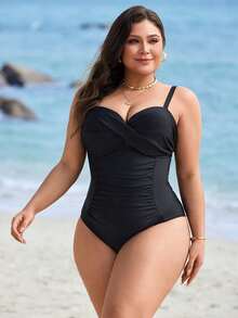 Swim Lushoire Traje de baño de una pieza elegante con fruncido en la cintura y cruzado delantero en unicolor para mujeres de talla grande, apto para piscina y resort de playa, ideal para vacaciones de verano - Negro - Ver 4