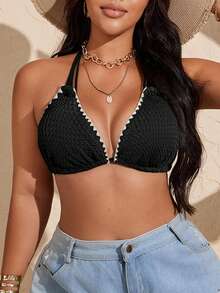 Swim Lushoire Plus Size Women Deep V Neck Drawstring Shoulder Strap Floral Trim Swimwear Top, Summer Beach Vacation - Black - View 4
